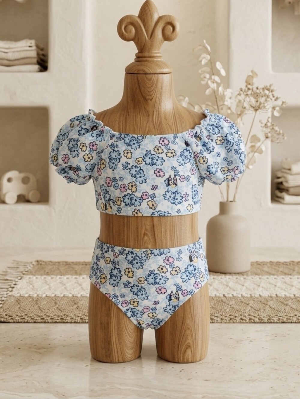 Bluey Floral Puff Sleeve 2PC Toddler Swimsuit Size 2T